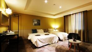 Premium bedding, down comforters, individually decorated, desk