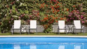 Outdoor pool, pool umbrellas, pool loungers