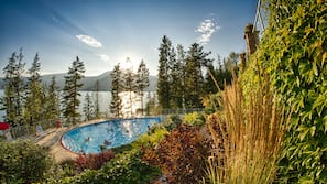 Seasonal outdoor pool, pool loungers