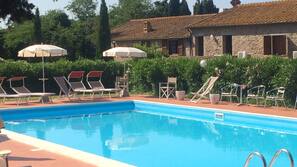 Piscina all'aperto, ombrelloni da piscina, lettini