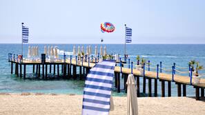 Am Strand, Liegestühle, Sonnenschirme, Strandtücher
