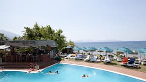 Outdoor pool, pool umbrellas, pool loungers