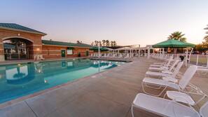 Indoor pool, 3 outdoor pools, open 10 AM to 10 PM, pool umbrellas
