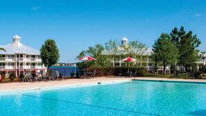 Indoor pool, 3 outdoor pools, open 10 AM to 10 PM, pool umbrellas