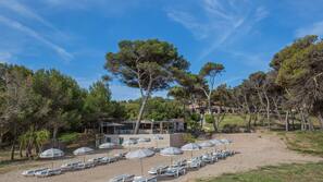 Plage, chaises longues, parasols, beach-volley