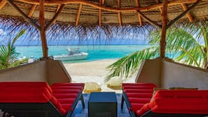 Private beach, white sand, free beach cabanas, sun-loungers