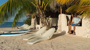 Private beach, white sand, free beach cabanas, sun-loungers