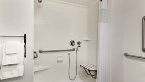Hydromassage showerhead, free toiletries, hair dryer, towels
