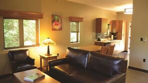 Flat-screen TV, fireplace