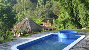 Una piscina al aire libre de temporada, sombrillas, tumbonas
