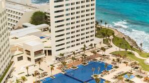 On the beach, beach cabanas, sun-loungers, beach umbrellas