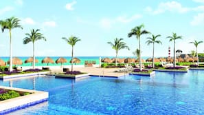 Outdoor pool, pool umbrellas, pool loungers