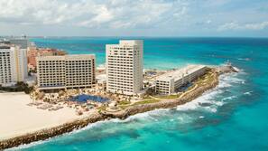 On the beach, beach cabanas, sun-loungers, beach umbrellas