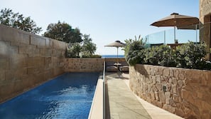 Outdoor pool, pool umbrellas, sun loungers