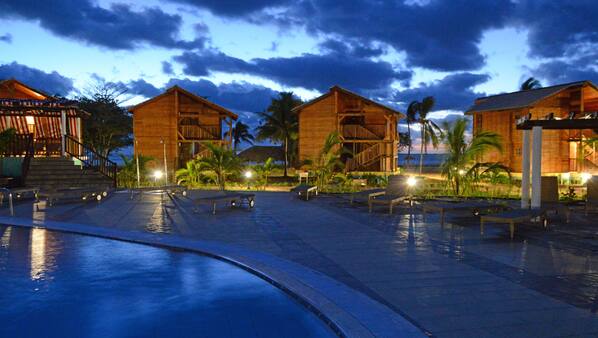 Outdoor pool, pool umbrellas, pool loungers