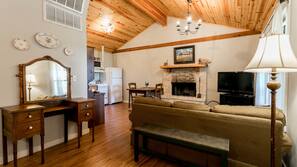 Flat-screen TV, fireplace
