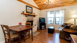Flat-screen TV, fireplace
