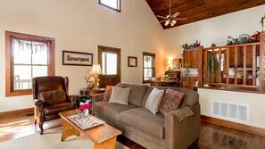 Flat-screen TV, fireplace, DVD player, iPod dock