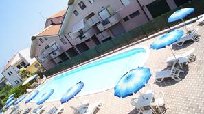 Seasonal outdoor pool, pool umbrellas, pool loungers