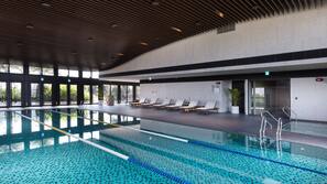 Indoor pool, open 10:00 AM to 6:00 PM, sun loungers