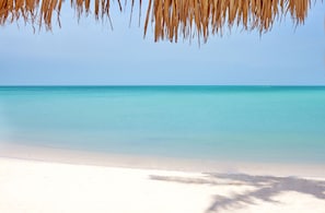 On the beach, white sand, sun loungers, beach umbrellas
