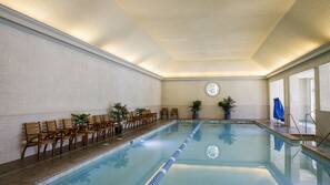 Indoor pool, seasonal outdoor pool, pool umbrellas, pool loungers