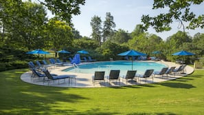 Indoor pool, seasonal outdoor pool, pool umbrellas, pool loungers