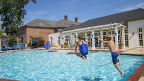 Indoor pool, seasonal outdoor pool, pool umbrellas, pool loungers