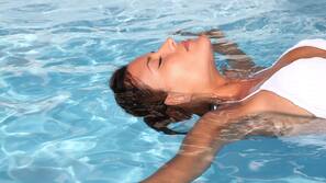 Outdoor pool, pool umbrellas, pool loungers
