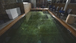 Indoor pool, outdoor pool, pool umbrellas, pool loungers