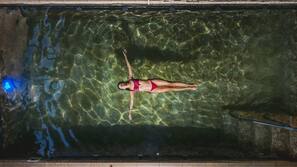 Indoor pool, outdoor pool, pool umbrellas, pool loungers