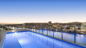 Outdoor pool, pool umbrellas, pool loungers