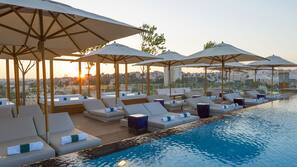 Indoor pool, seasonal outdoor pool, pool umbrellas