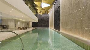 Indoor pool, seasonal outdoor pool, pool umbrellas