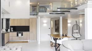 Fridge, microwave, oven, hob