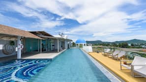 2 outdoor pools, open 7 AM to 8 PM, pool umbrellas