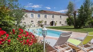 Seasonal outdoor pool, pool loungers