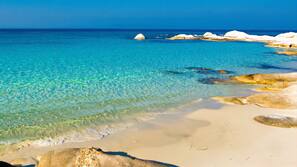 On the beach, sun-loungers, beach umbrellas, beach towels