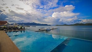 Outdoor pool, pool umbrellas, pool loungers