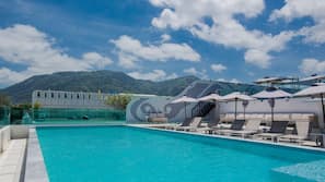 Outdoor pool, pool umbrellas, pool loungers