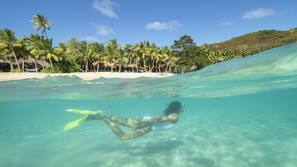 Private beach, white sand, sun loungers, beach towels