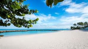 Private beach, white sand, sun-loungers, beach umbrellas