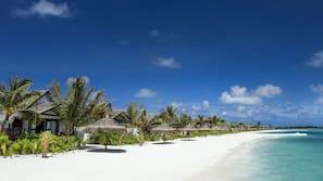 Private beach, white sand, free beach cabanas, sun-loungers