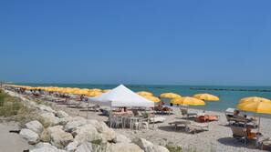 Spiaggia privata, lettini da mare, ombrelloni