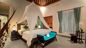 2 kamar tidur, seprai premium, minibar, dan brankas