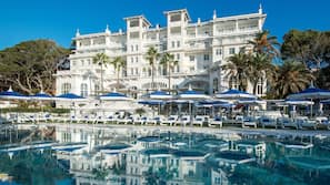 Seasonal outdoor pool, pool umbrellas, pool loungers