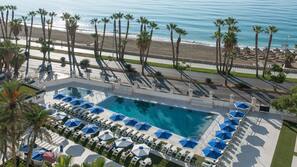 Seasonal outdoor pool, pool umbrellas, pool loungers