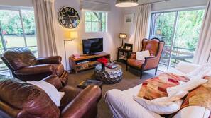 25-inch flat-screen TV with satellite channels, fireplace