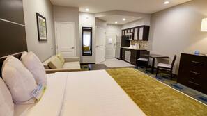 Egyptian cotton sheets, down comforters, pillowtop beds, desk