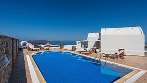 Seasonal outdoor pool, pool umbrellas, pool loungers